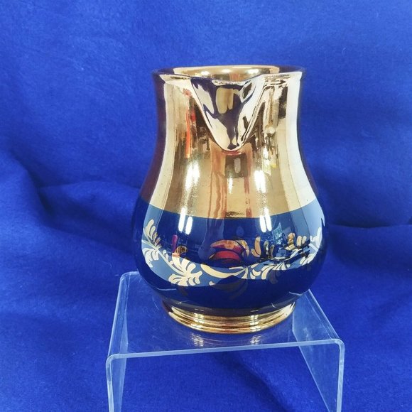 Pitcher Small Lusterware Gold with Blue Band Floral Design Collectible Vintage - Picture 3 of 7